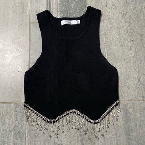 NEW Collection Rhinestone Fringe Trim Ribbed Stretchy Crop Tank Top Black Sz S/M